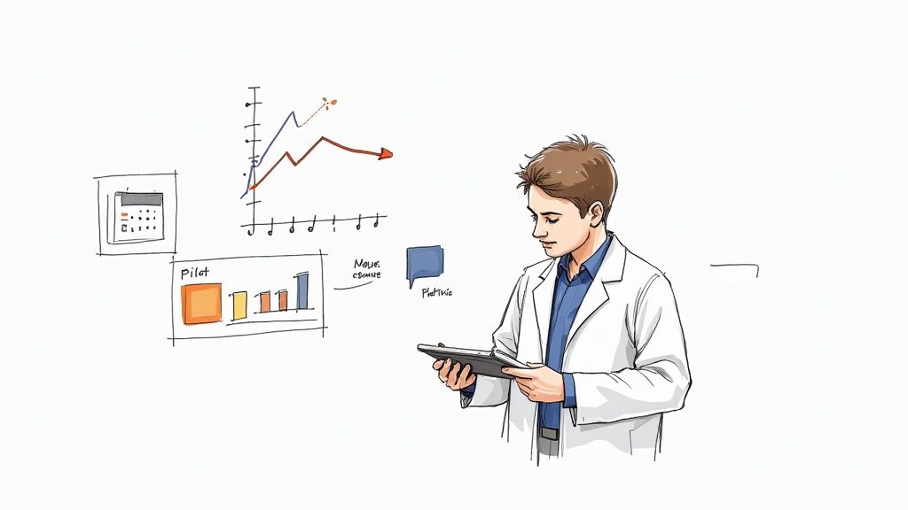 A scientist in a lab coat analyzing data on a tablet, surrounded by charts and graphs.
