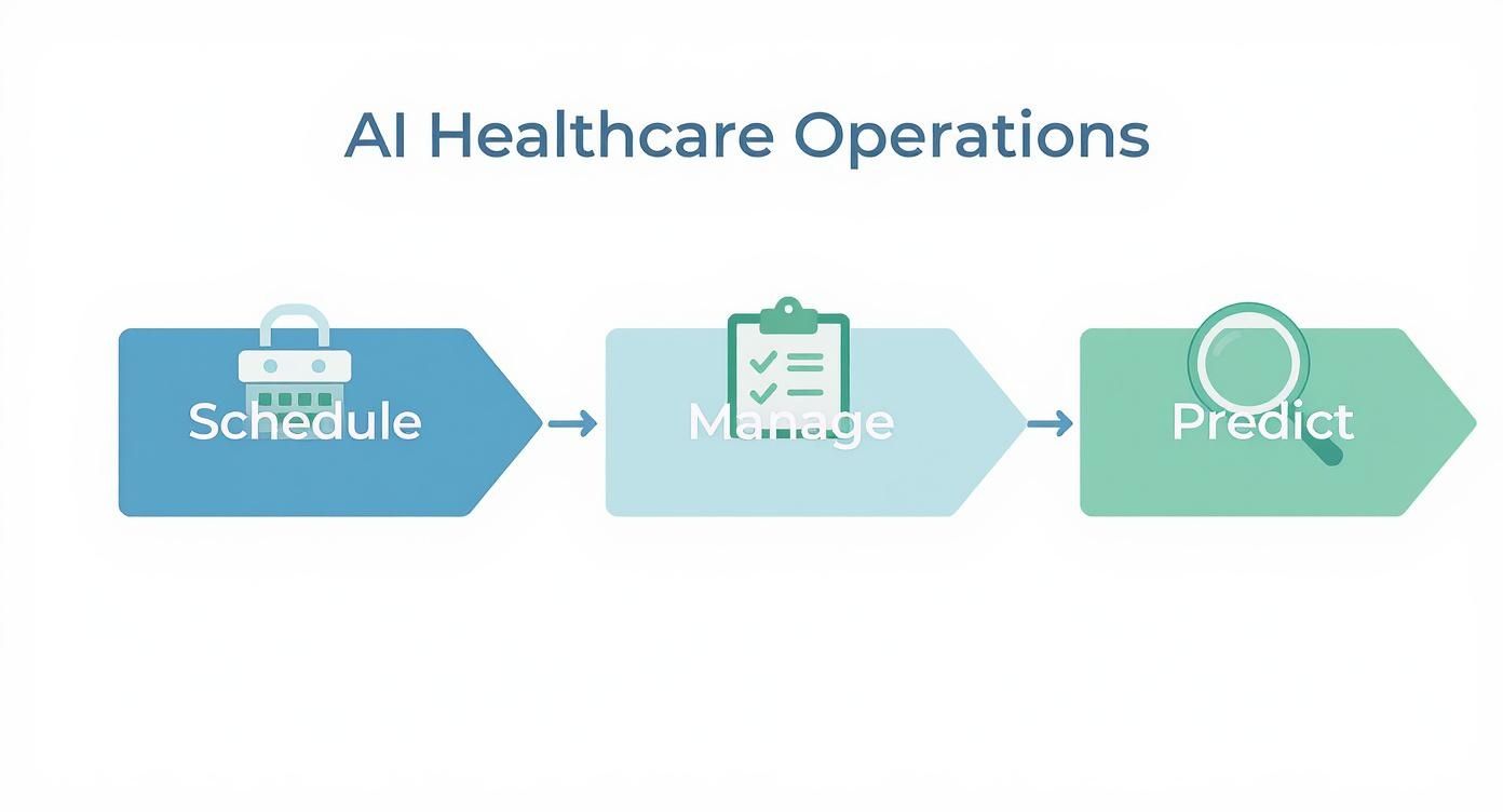 A flow chart illustrating AI Healthcare Operations, showing Schedule, Manage, and Predict steps.