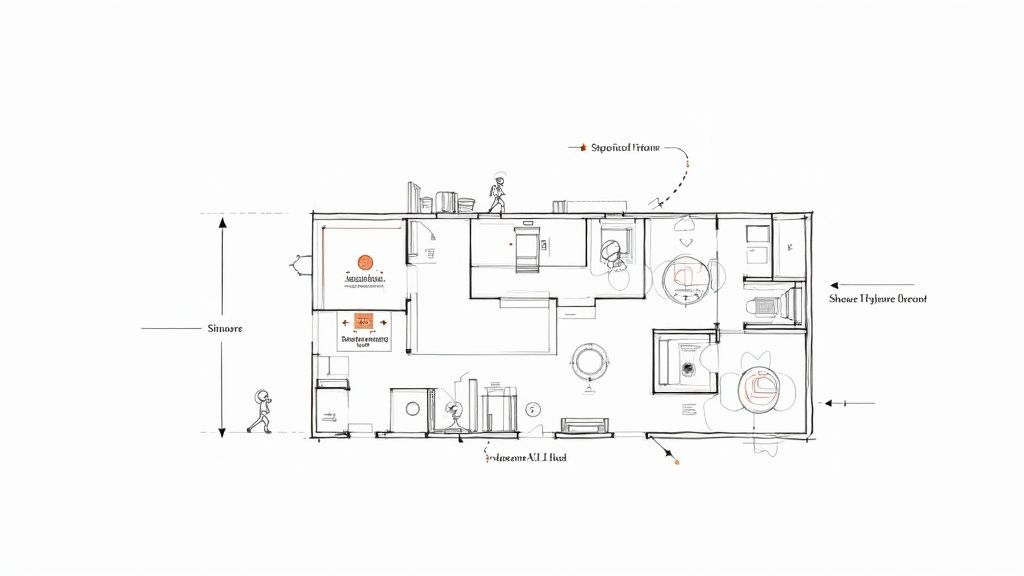 A detailed, hand-drawn architectural sketch of a floor plan displaying rooms, furniture, and text annotations.