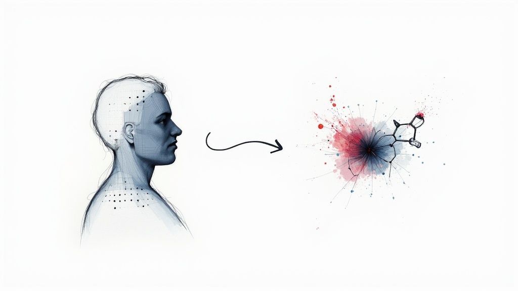 A futuristic medical interface showing a digital twin of a human body, with data points and graphs surrounding it.
