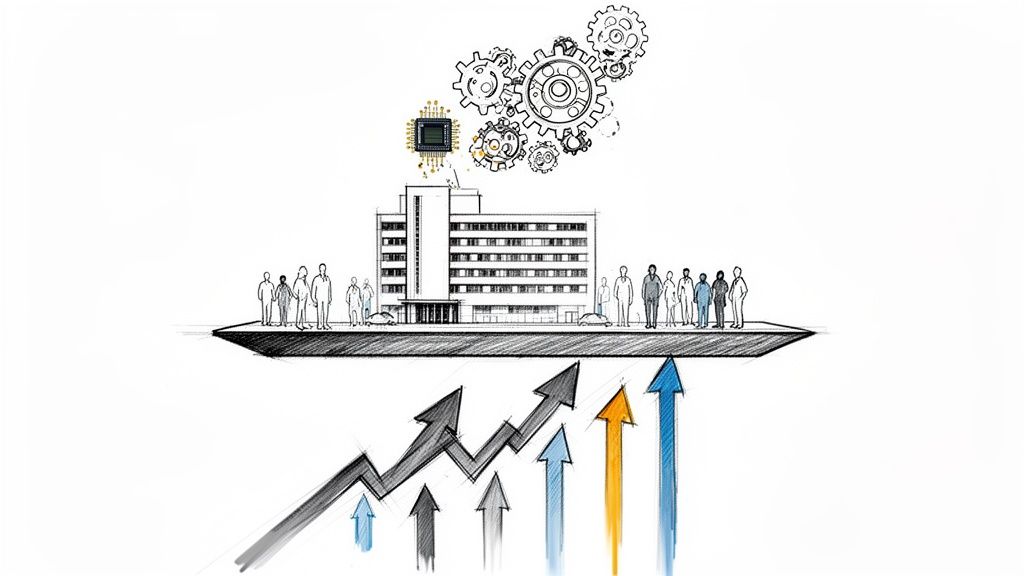 An illustration of a hospital, people, computer chip, gears, and rising arrows indicating healthcare growth.
