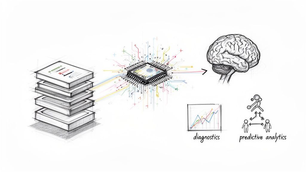 Illustration of data input from documents, processed by a chip into a brain for diagnostics and predictive analytics.