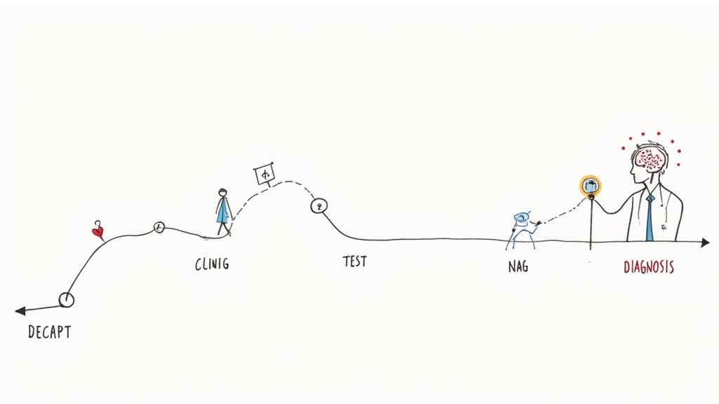 Illustration of the medical diagnostic process, showing a patient's journey from initial symptoms to doctor's diagnosis.