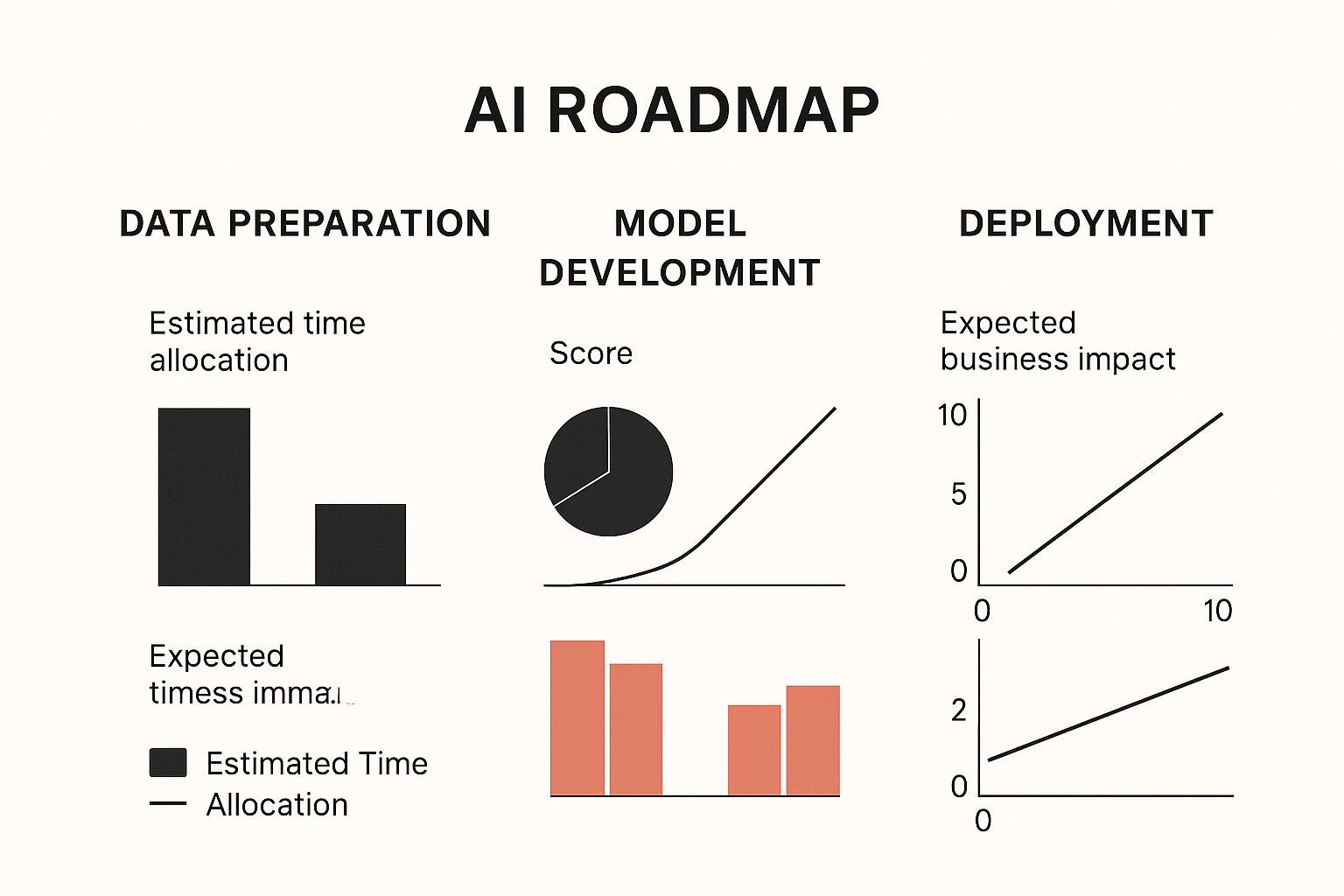 Infographic showing the phases of an AI roadmap—Data Preparation, Model Development, and Deployment—with their estimated time allocation and expected business impact scores.