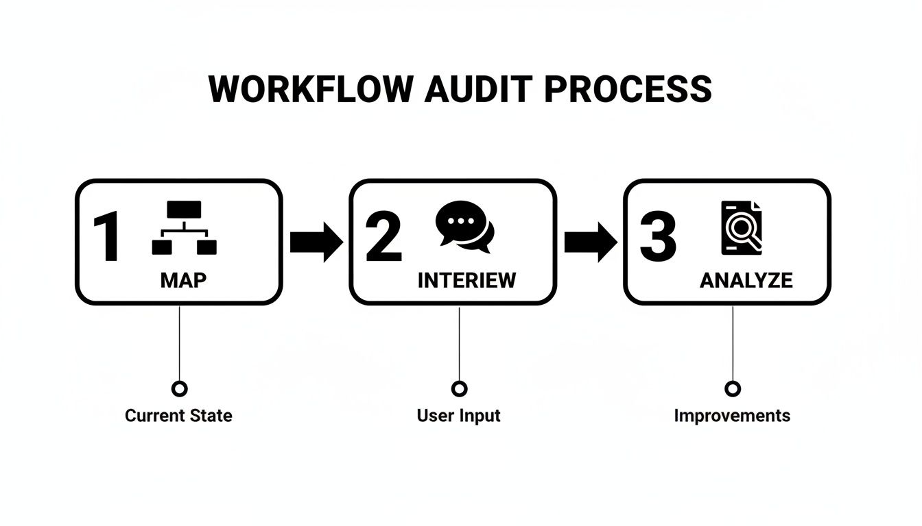 Diagram showing the 3-step Workflow Audit Process: Map, Interview, Analyze, leading to improvements.