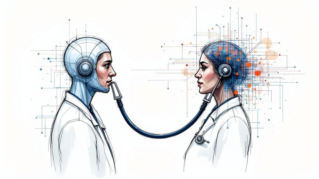 A doctor using a futuristic interface to analyze medical data, representing AI in healthcare.