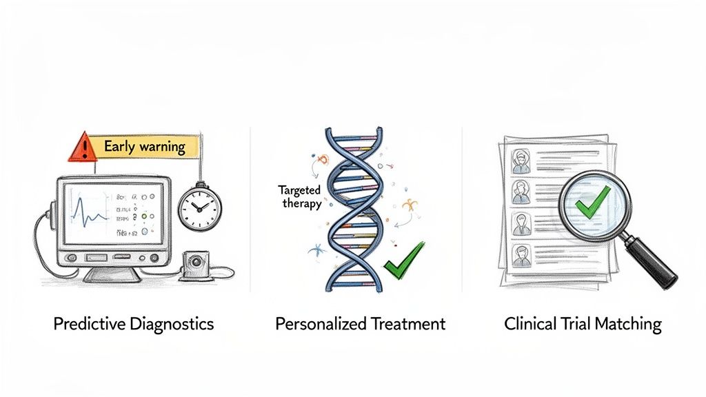 Illustrations showing predictive diagnostics with early warning, personalized treatment with targeted therapy, and clinical trial matching.