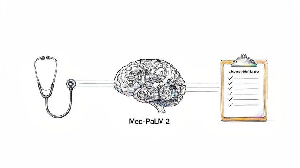 A stethoscope connected to a mechanical brain labeled Med-PaLM 2, which then connects to a medical checklist.