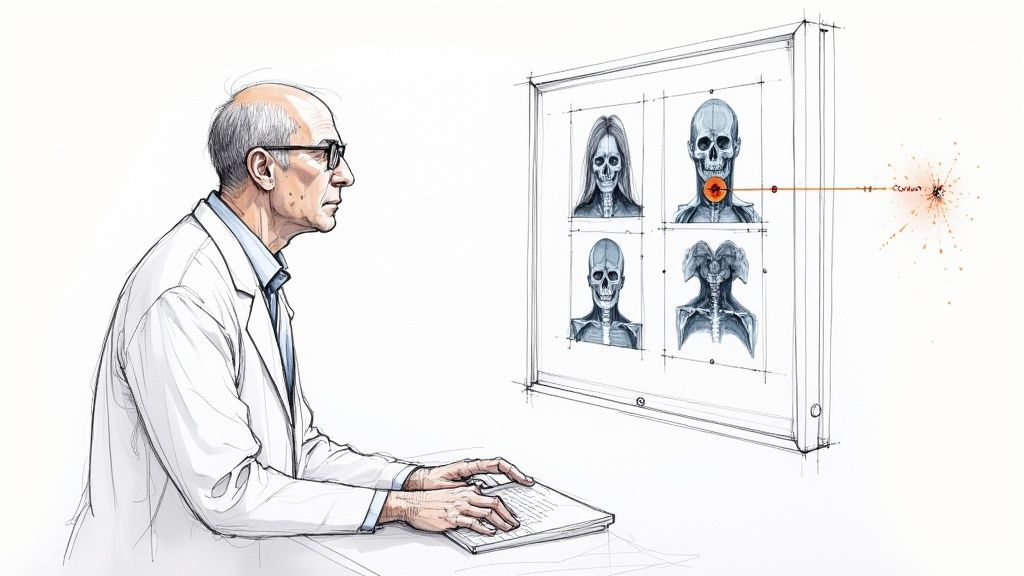 Illustration of a doctor analyzing medical scans, showing a targeted cancer treatment with a laser.