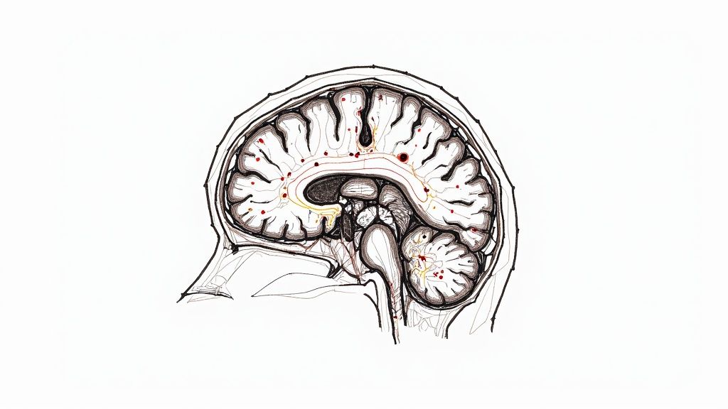 A medical professional analyzing a digital image of a brain scan, with AI overlays highlighting specific areas.