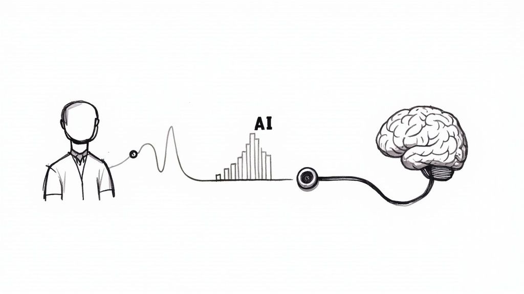 A medical professional using a futuristic transparent screen displaying AI-driven health data and analytics.