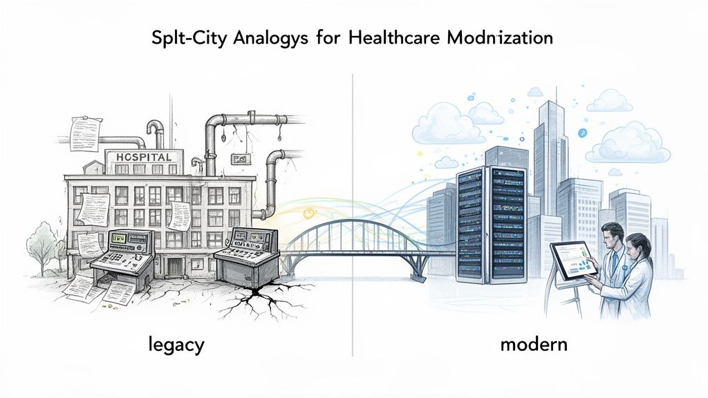 Visual analogy illustrating healthcare modernization, contrasting legacy hospital systems with modern digital solutions.