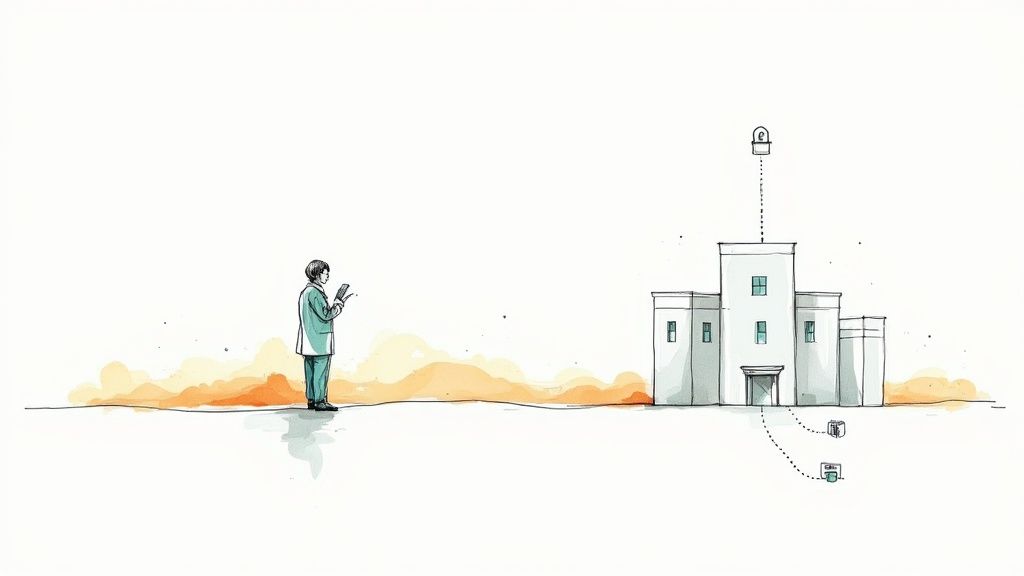 A man with a tablet connects to a data center, symbolizing cloud and data storage infrastructure.