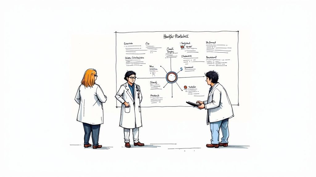 A group of healthcare professionals collaborating around a table with laptops and charts.
