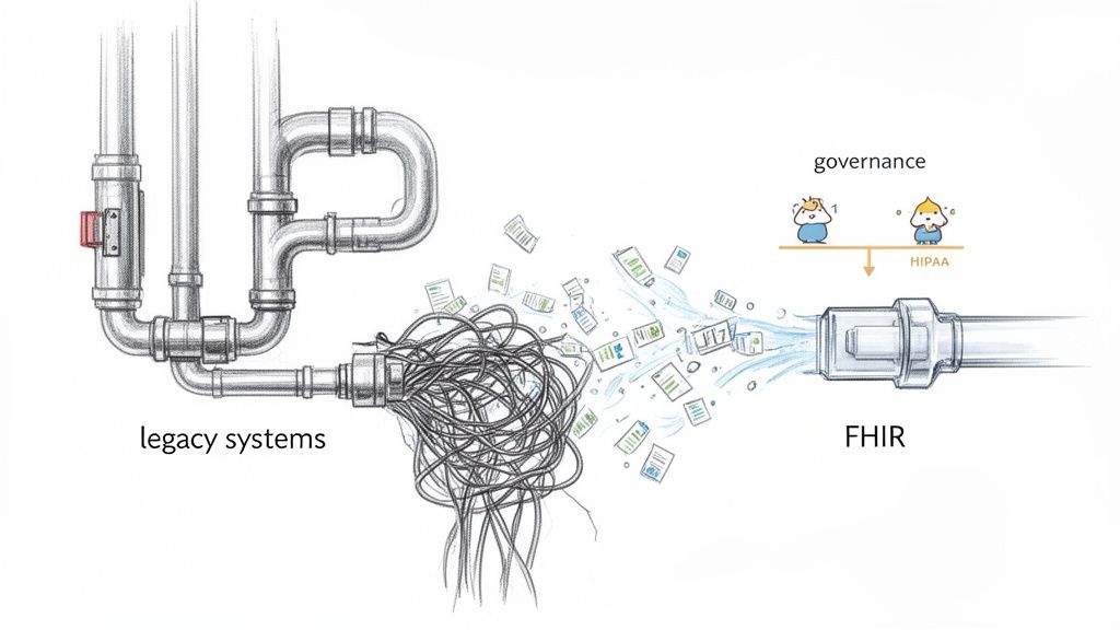 Illustration showing legacy systems transforming unstructured data into FHIR, considering governance and HIPAA compliance.