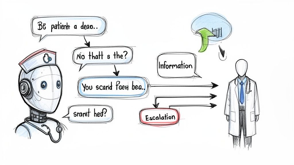 A robot nurse communicates patient information and escalates issues to a human doctor in a flowchart.