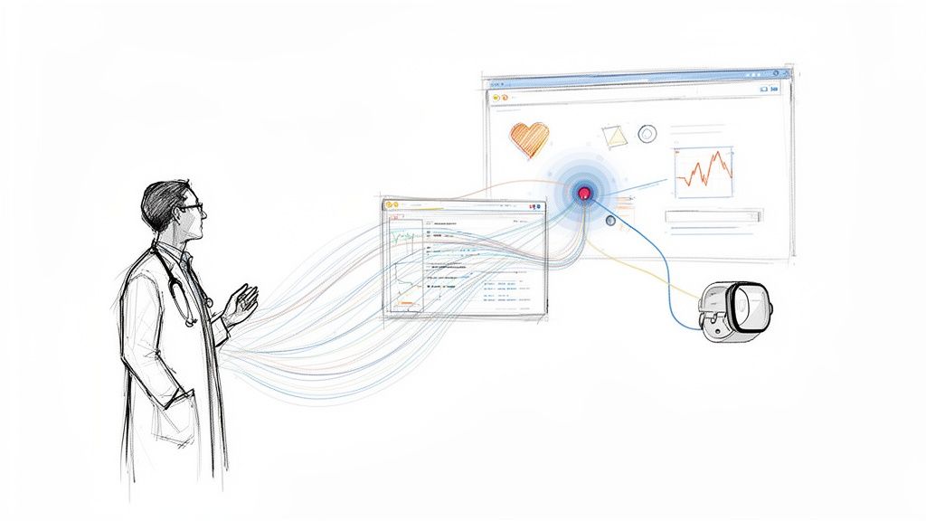 A doctor observes clinical data on screens, showing data flow from a wearable device for health insights.