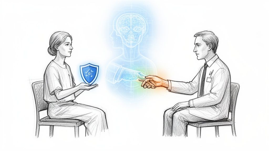 A patient and doctor interact, with a digital shield and data transfer symbolizing ethical AI in healthcare.