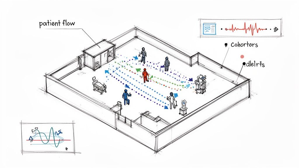 A schematic diagram illustrating patient flow and operational intelligence within a hospital room, showing staff, patients, and medical equipment.
