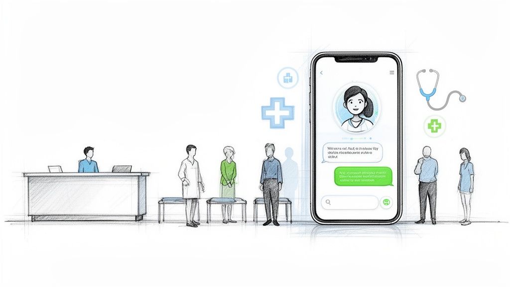 Healthcare clinic scene with patients and receptionist, featuring a medical AI chatbot on a smartphone.