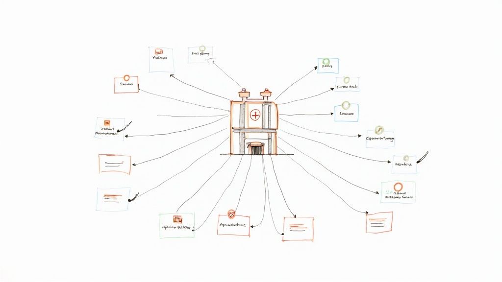A hand-drawn diagram illustrating a central healthcare building integrated with numerous connected external systems.