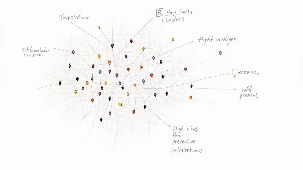 Hand-drawn conceptual network diagram with numerous colored nodes, connecting lines, and descriptive labels.