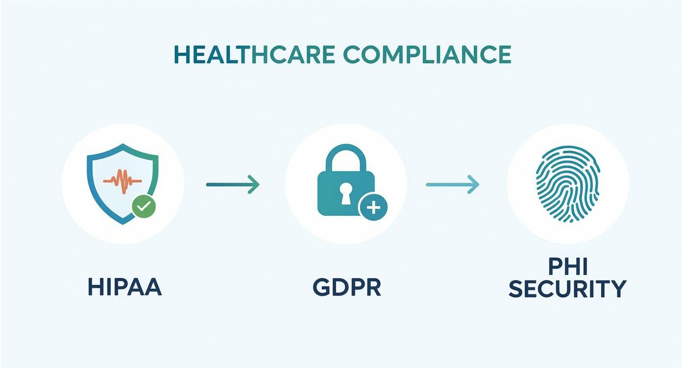 An infographic showing the process flow for healthcare compliance, with icons for HIPAA, GDPR, and PHI Security.