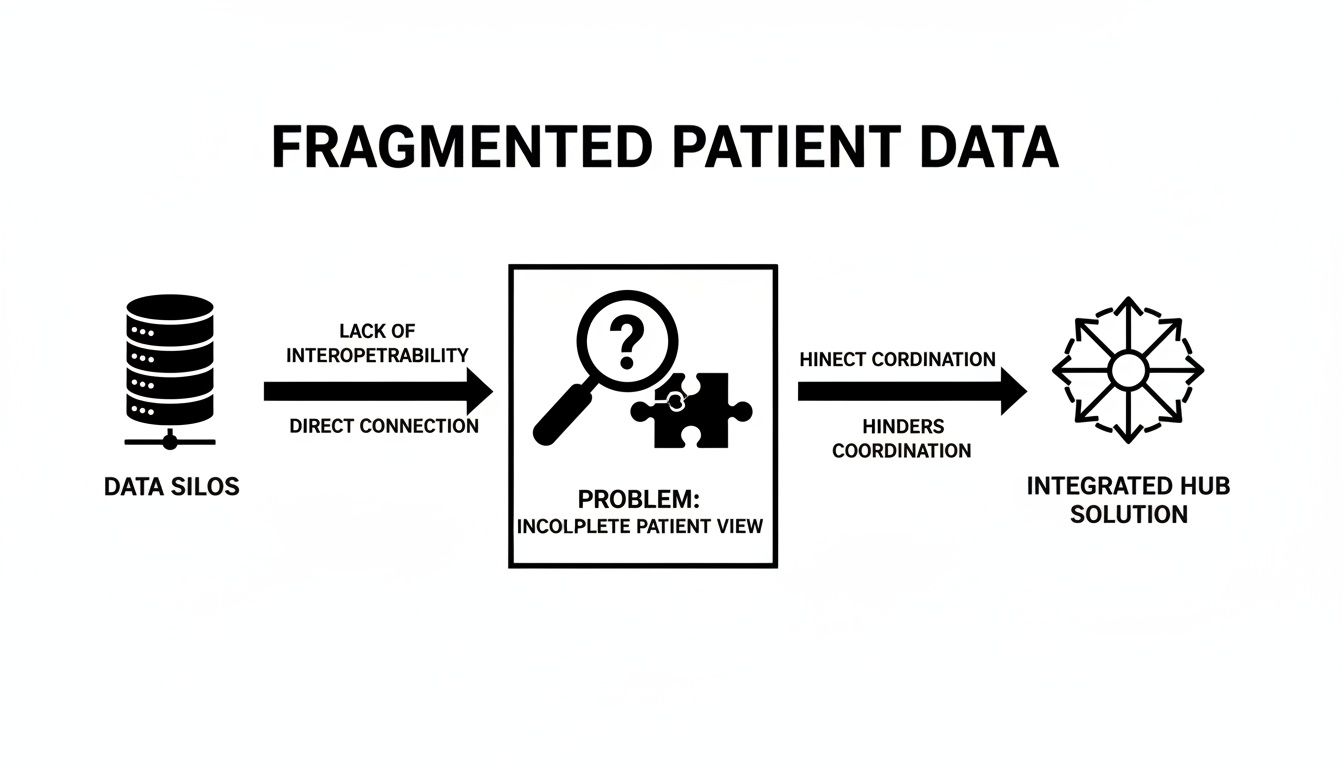 Diagram illustrating how fragmented patient data in silos leads to incomplete views, hindering coordination, and suggesting an integrated hub solution.