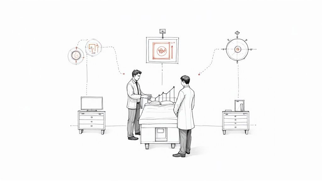 A doctor reviewing patient data on a tablet with AI-powered analytics overlaid.