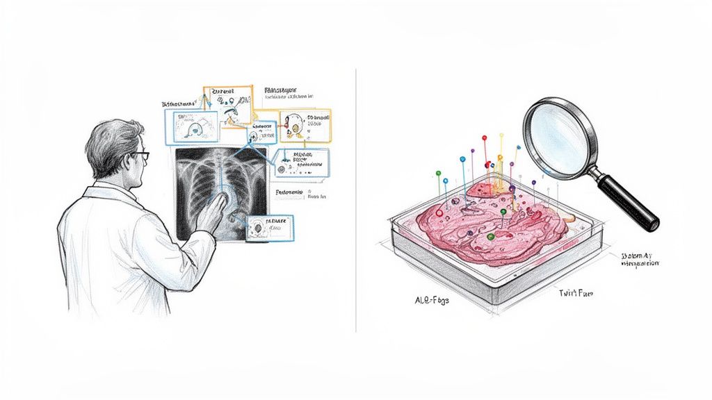 Doctor uses AI to analyze medical images and biological samples for diagnostics in healthcare.