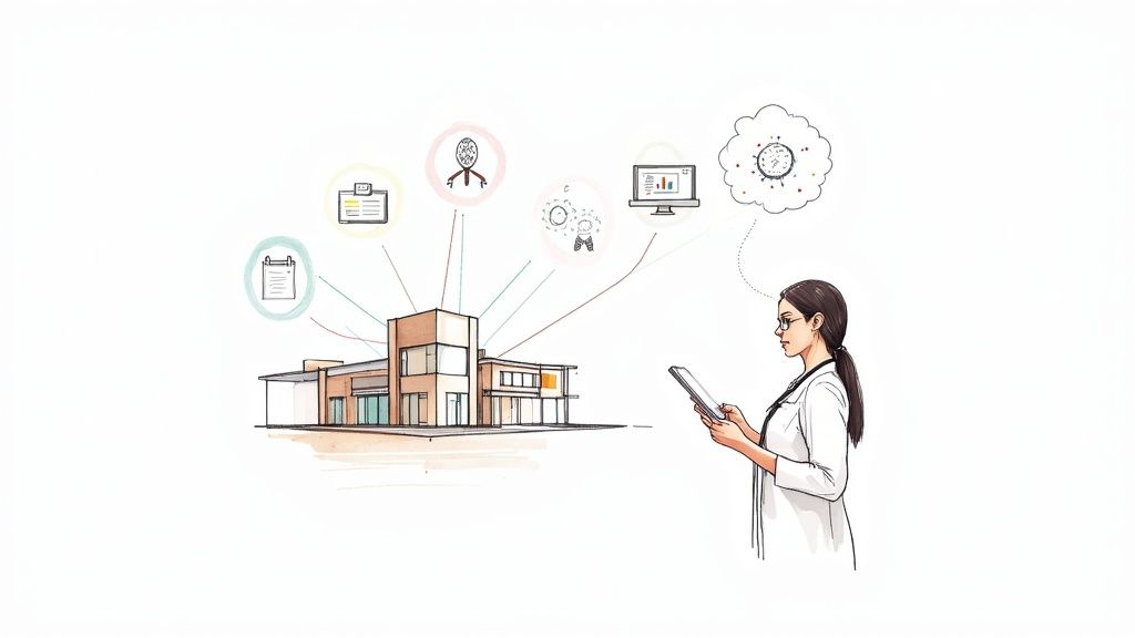 Illustration of a doctor with a tablet accessing medical data and smart hospital systems.
