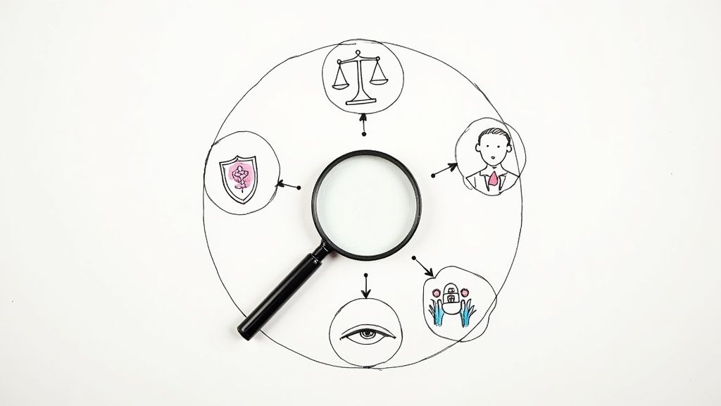 Magnifying glass inspecting five illustrated principles of responsible AI: justice, people, privacy, transparency, and safety.