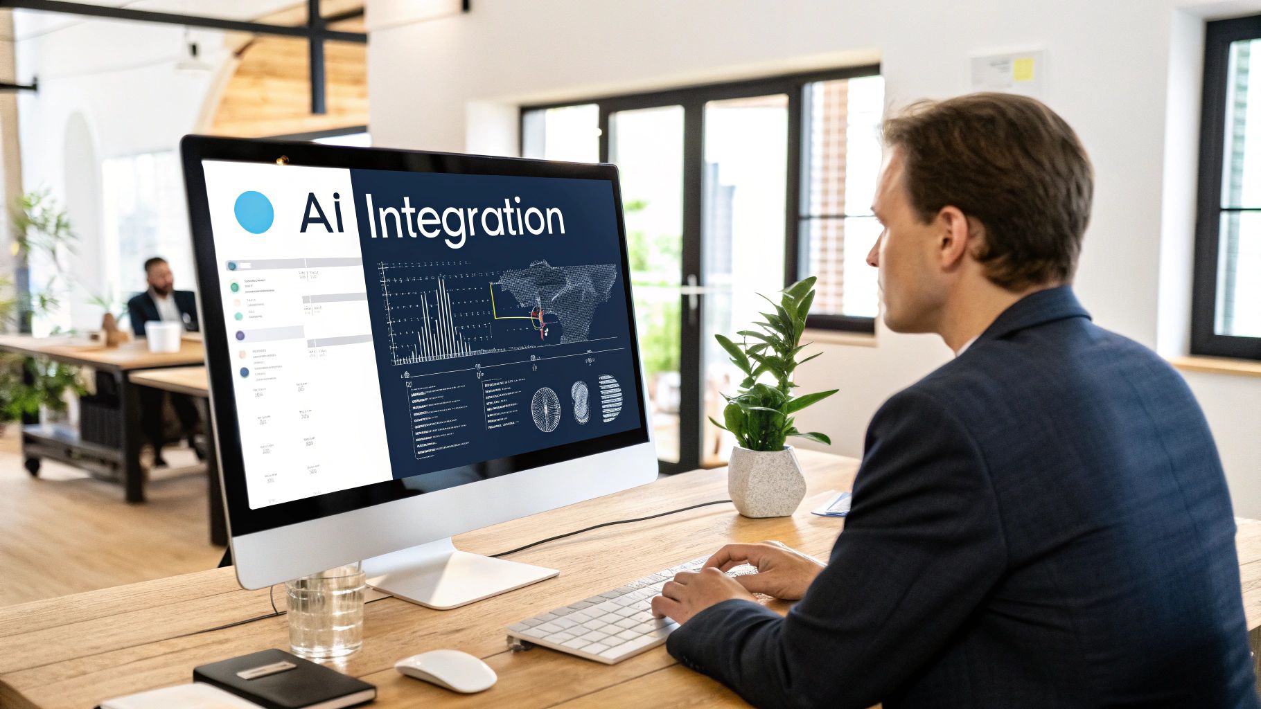 A team of professionals collaborating around a computer screen showing AI analytics and data charts