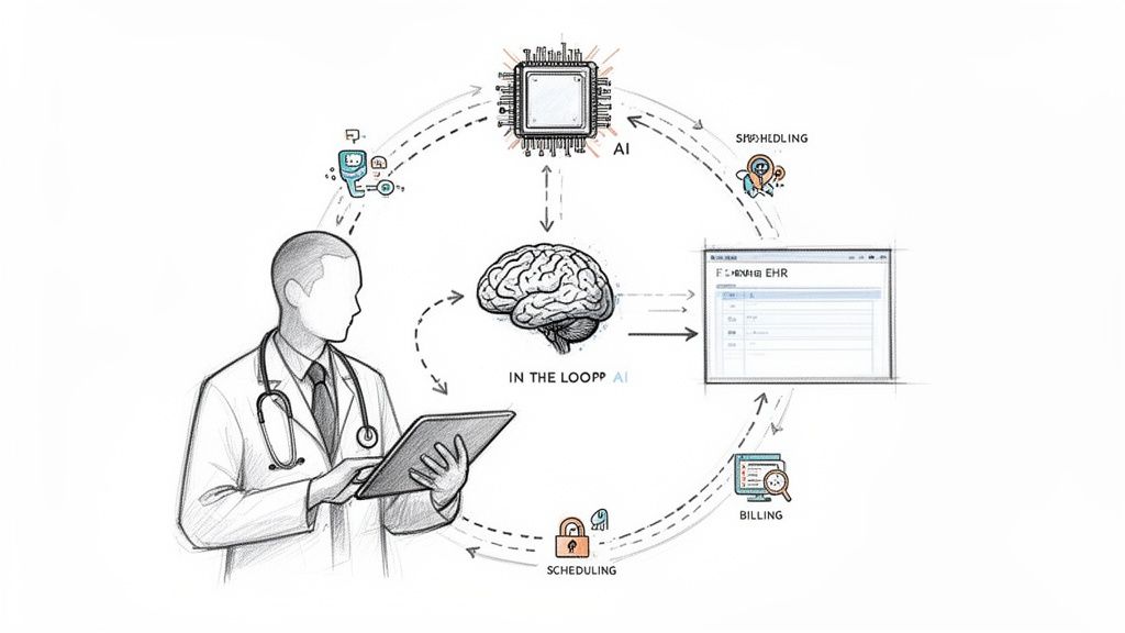 A diagram illustrating AI and human intelligence integration in healthcare workflows, including scheduling, EHR, and billing.