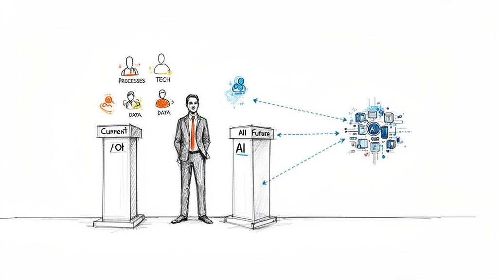A man stands between 'Current' and 'AI Future' podiums, symbolizing the transition to AI.