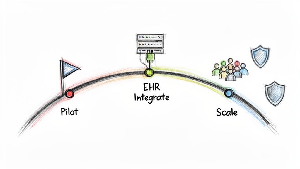 A hand-drawn diagram illustrating a three-phase process: Pilot, EHR Integrate, and Scale, for healthcare integration.