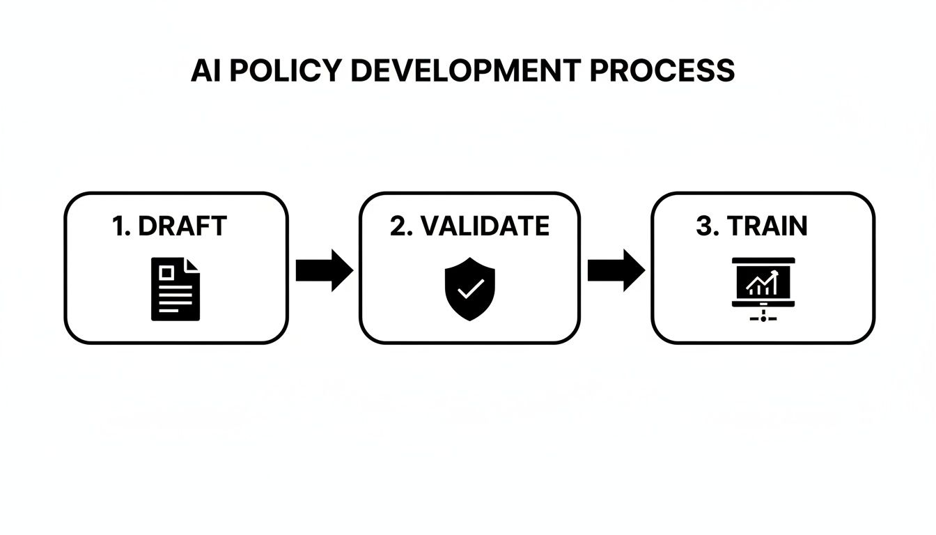 Flowchart showing a three-step AI policy development process: Draft, Validate, and Train.