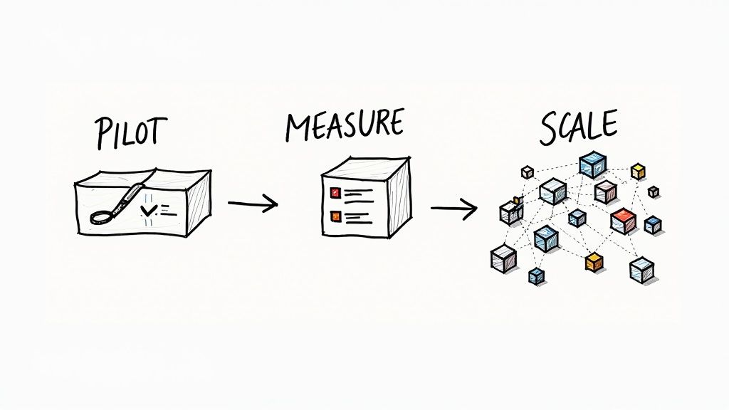 A team of healthcare professionals and data scientists collaborate around a digital whiteboard, mapping out an AI implementation plan.