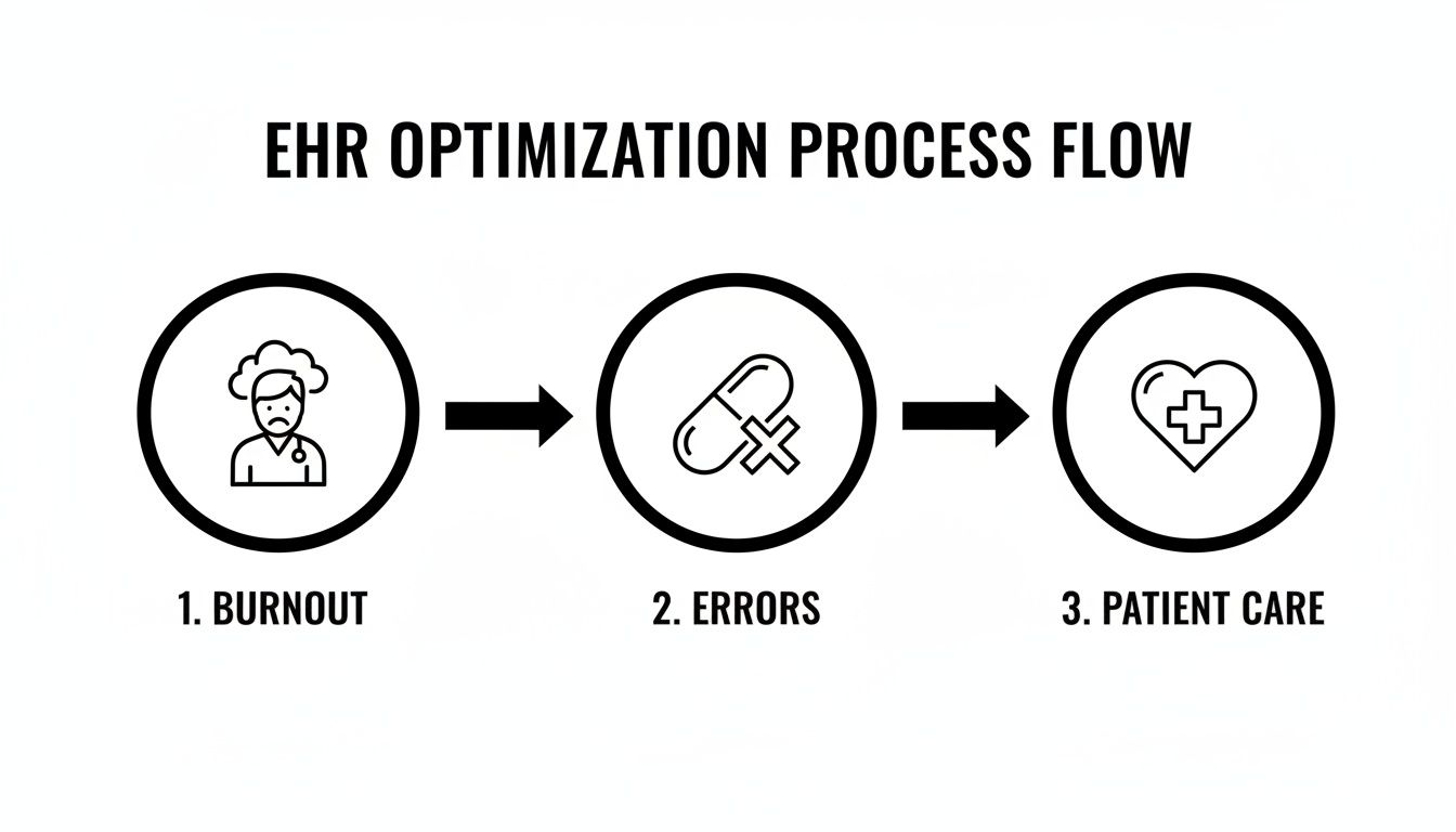 EHR optimization process flow diagram illustrating burnout, medical errors, and impact on patient care.