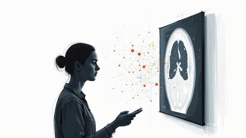 Healthcare professional analyzing lung scan with artificial intelligence network visualization technology