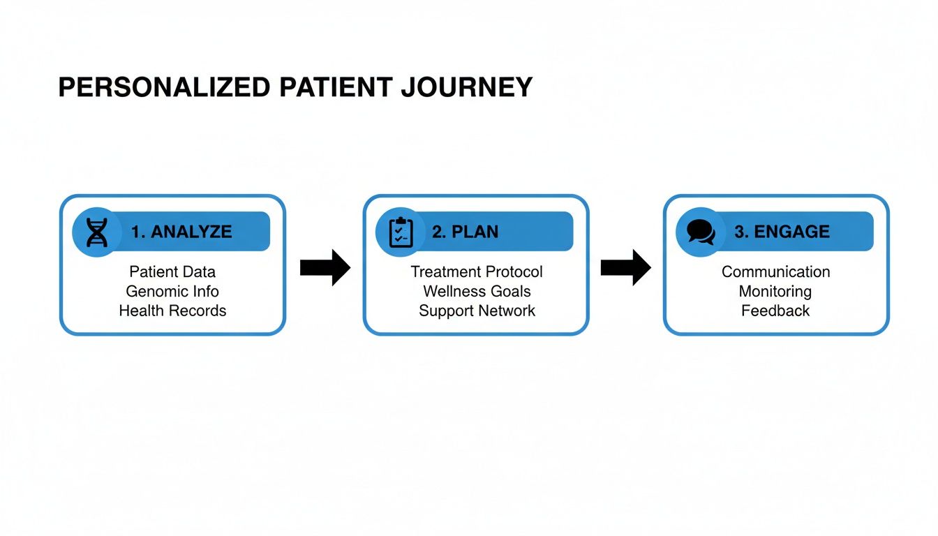 A personalized patient journey diagram showing three phases: Analyze, Plan, and Engage with key elements.