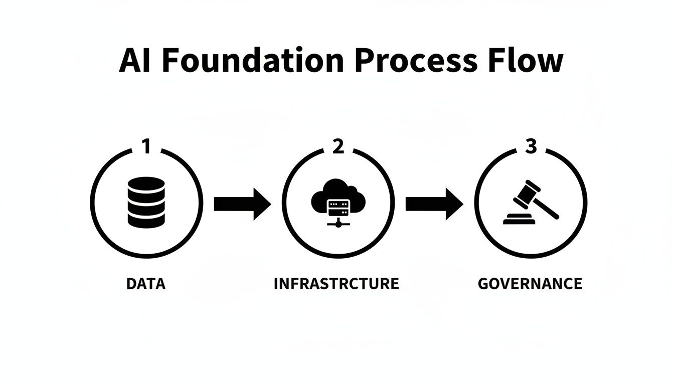 A three-step AI Foundation Process Flow diagram showing data, infrastructure, and governance stages with icons and arrows.