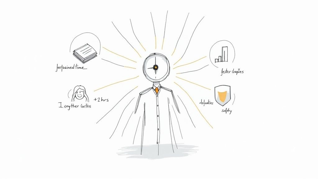 A doctor smiling while reviewing a tablet, illustrating the positive impact of AI on healthcare professionals.