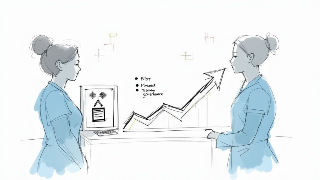Two women analyze a rising growth chart detailing project phases, training, and governance.