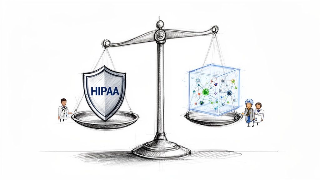 A balance scale weighing a HIPAA shield against a data network cube, observed by medical professionals.