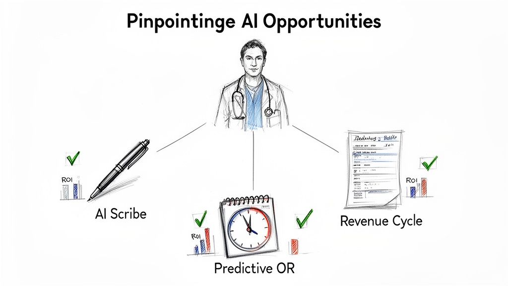Illustration of a doctor pinpointing AI opportunities in healthcare for improved clinical productivity.