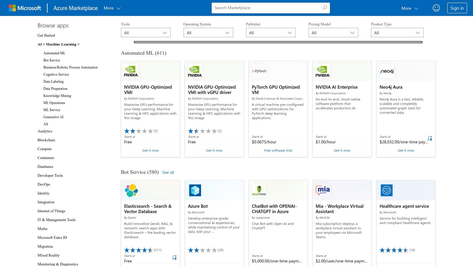 Microsoft Azure Marketplace — AI + Machine Learning