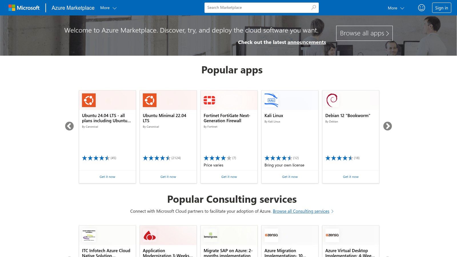 Microsoft Azure Marketplace (AI + Machine Learning)