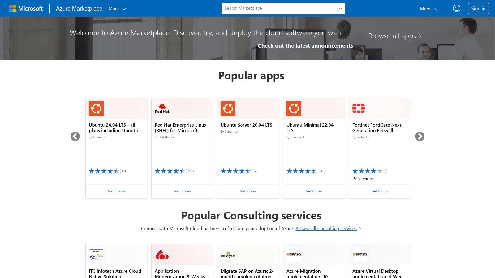 Microsoft Azure Marketplace (AI + Machine Learning)