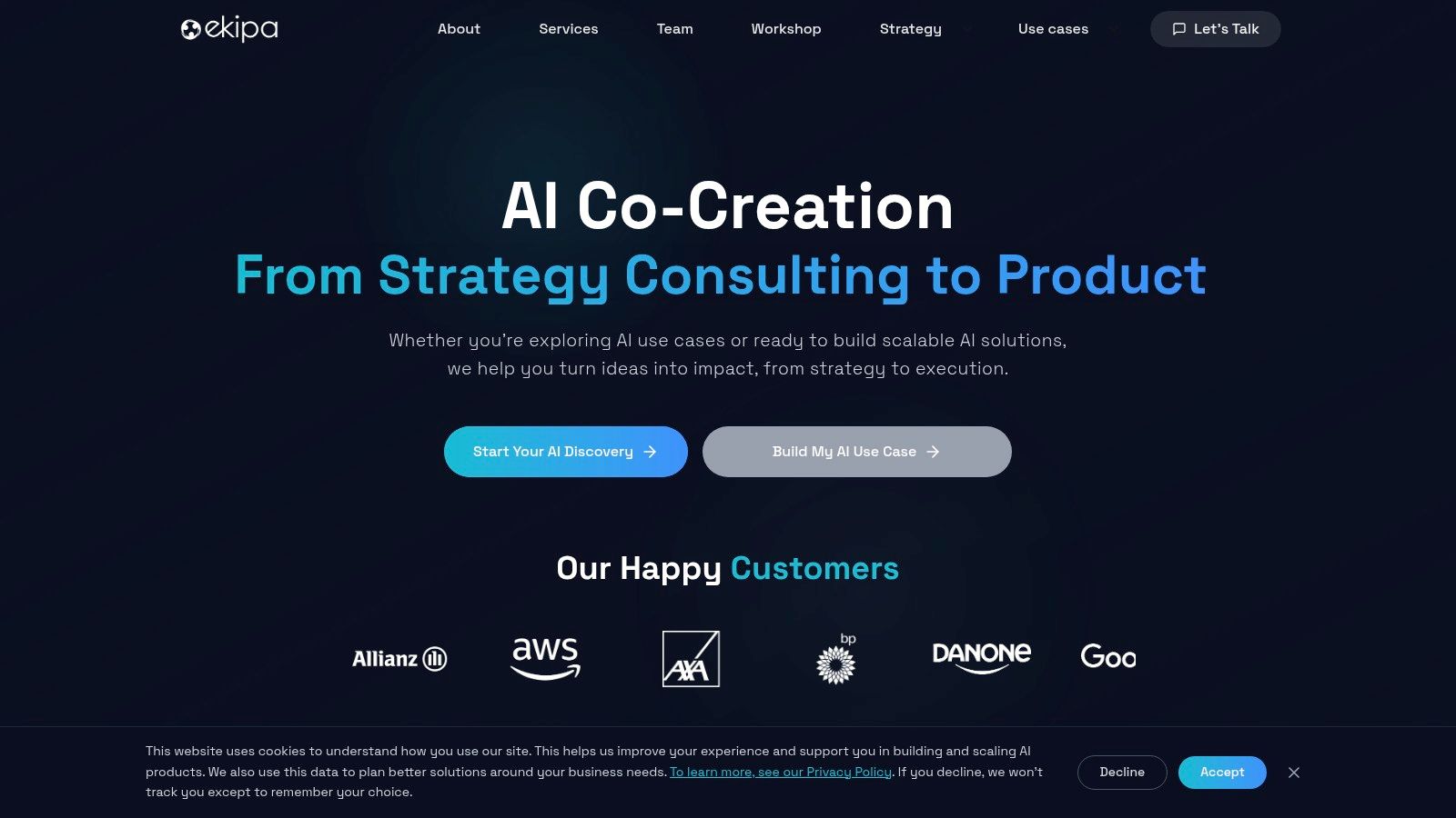 Ekipa AI homepage showcasing their AI consulting services
